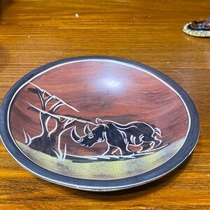 6” soap stone bowl hand carved African rino design trinket dish